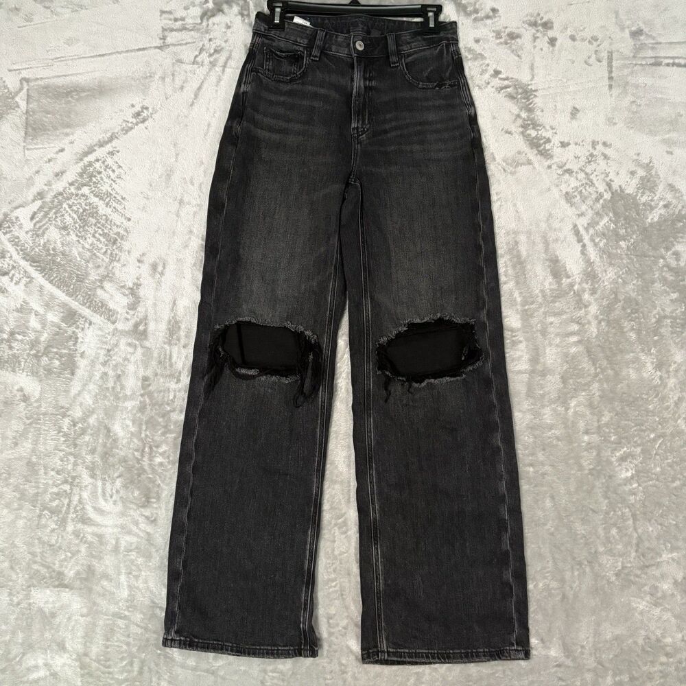 American Eagle Super High Rise Baggy Wide Leg Jeans Black Wash Size 0 Regular